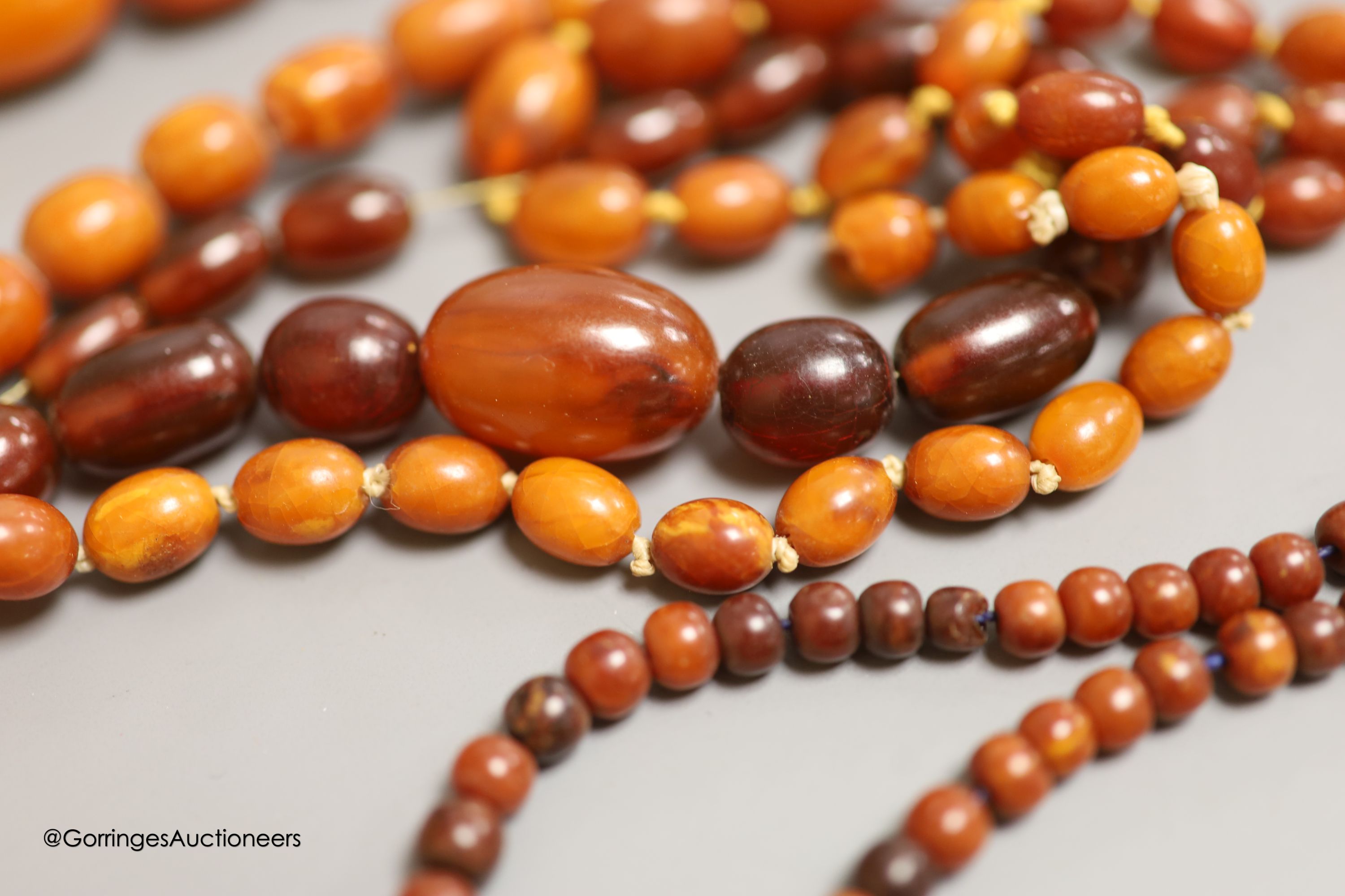 Nine assorted single strand amber bead necklaces, longest approximately 46cm, gross weight 173 grams and one simulated amber bead necklace.
